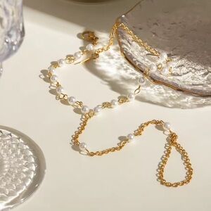 Anthropologie 18K Gold Stainless Steel Waterproof Pearl Finger Bracelet